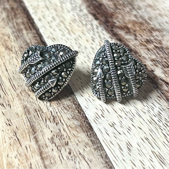 Intricate Marcasite Sterling Silver Heart Earrings - Picture 3 of 5